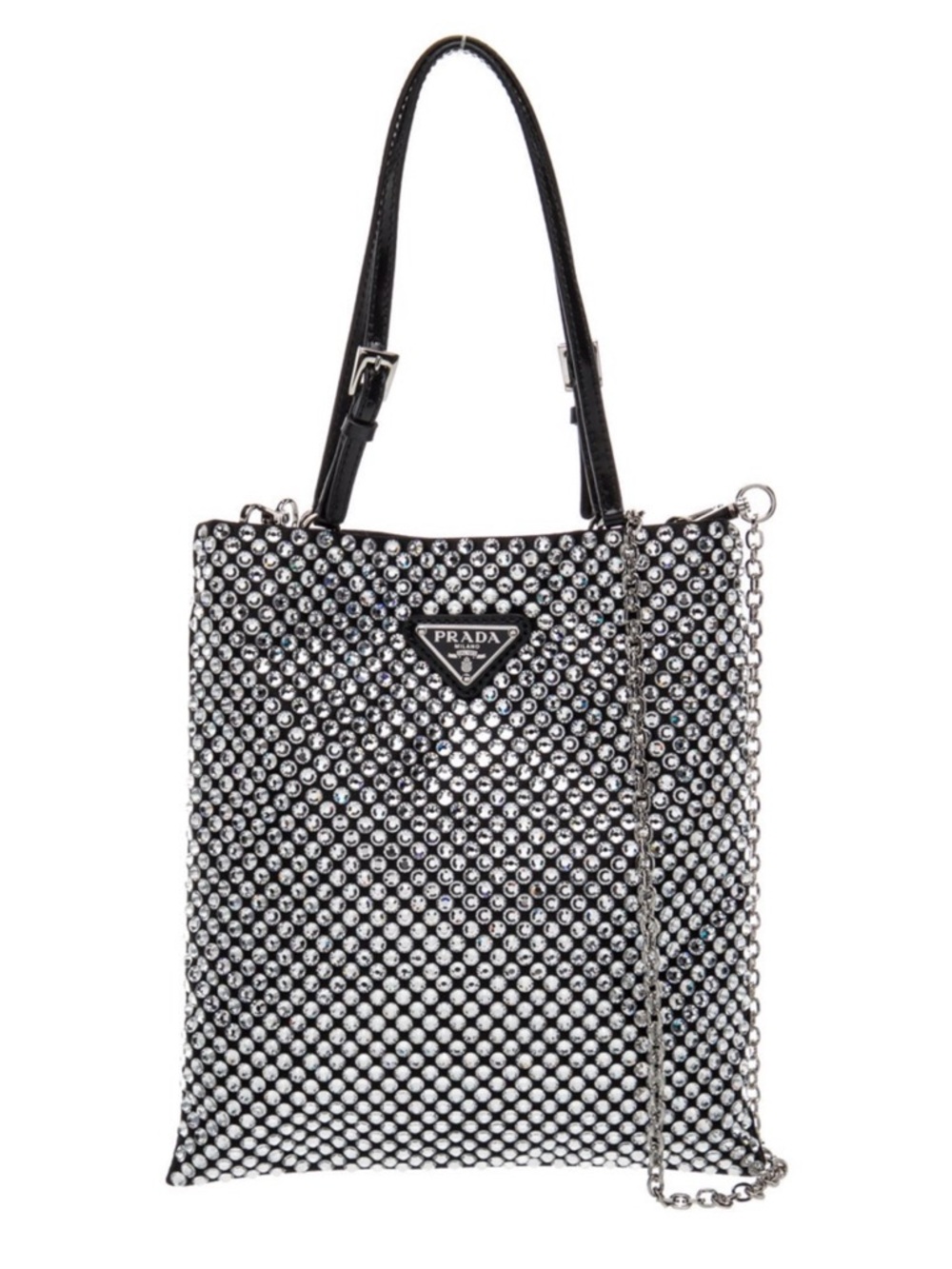 Prada Crystal Rhinestone Top Handle Mini Bag Black Satin Triangle Logo - Picture 2 of 6